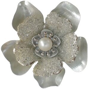 Vintage Silver Enamel Layered Flower Brooch Pearl Center Glass Bead Texture
